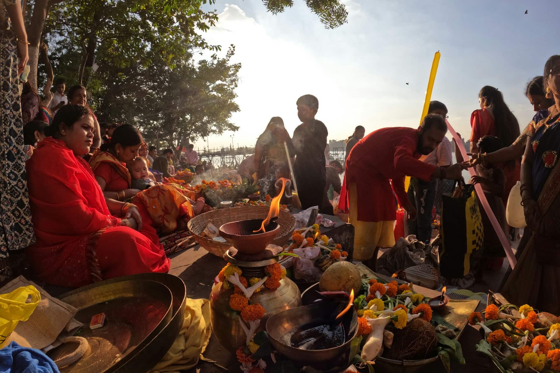 Devotees Sitting and Praying During Chhath Festival